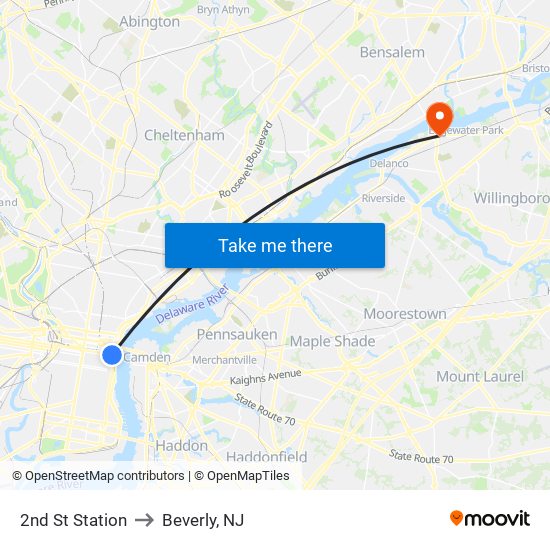 2nd St Station to Beverly, NJ map