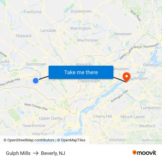 Gulph Mills to Beverly, NJ map