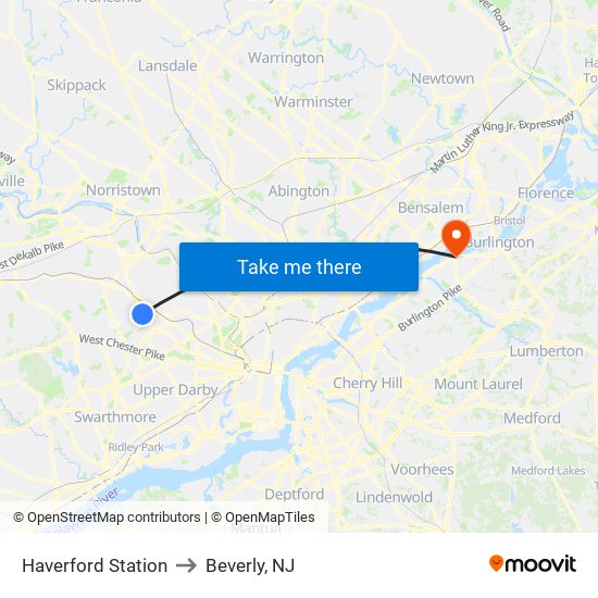 Haverford Station to Beverly, NJ map