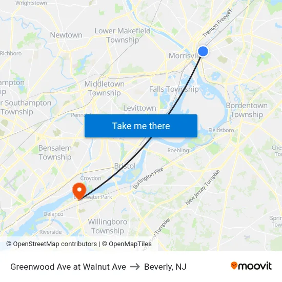 Greenwood Ave at Walnut Ave to Beverly, NJ map
