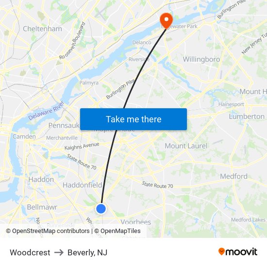 Woodcrest to Beverly, NJ map