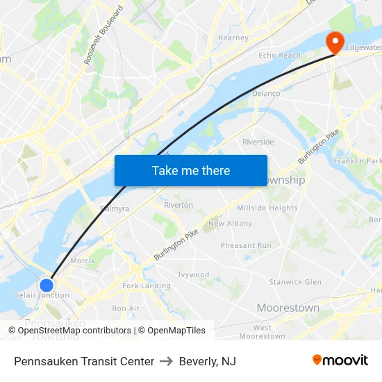 Pennsauken Transit Center to Beverly, NJ map