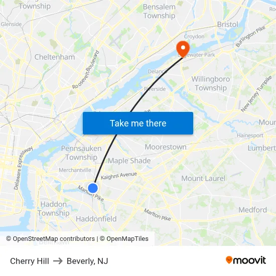 Cherry Hill to Beverly, NJ map
