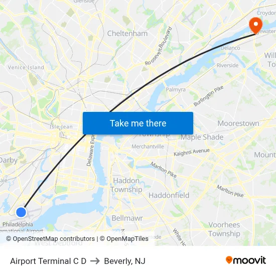 Airport Terminal C D to Beverly, NJ map