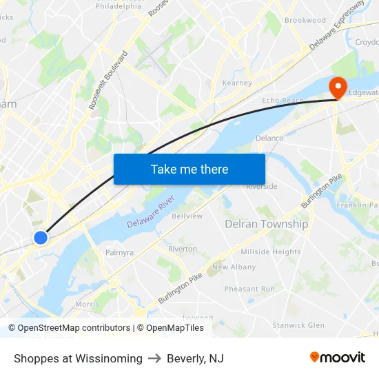 Shoppes at Wissinoming to Beverly, NJ map