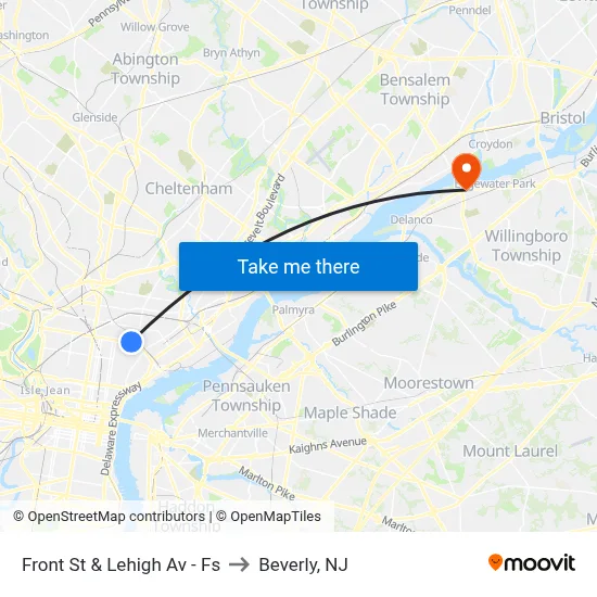 Front St & Lehigh Av - Fs to Beverly, NJ map