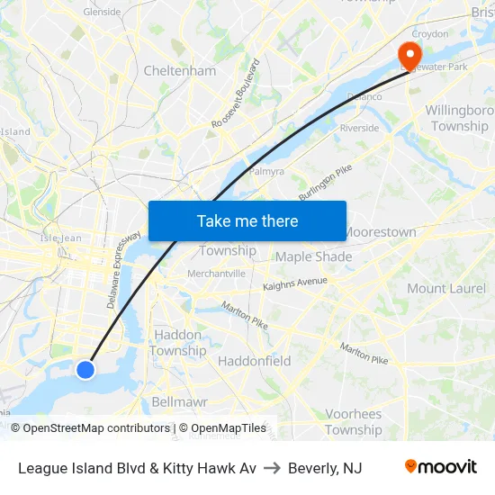League Island Blvd & Kitty Hawk Av to Beverly, NJ map