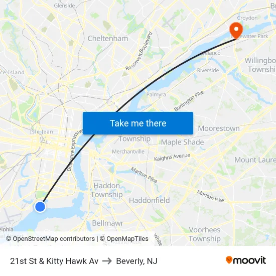 21st St & Kitty Hawk Av to Beverly, NJ map