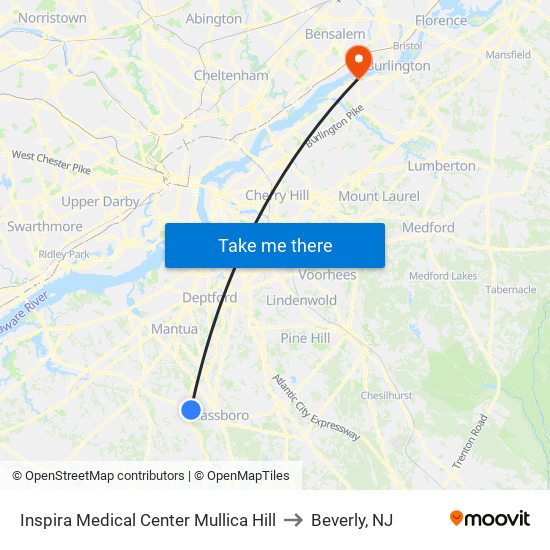 Inspira Medical Center Mullica Hill to Beverly, NJ map