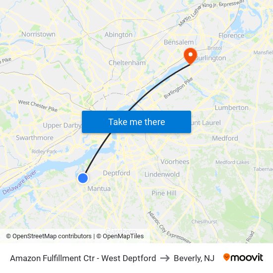 Amazon Fulfillment Ctr - West Deptford to Beverly, NJ map