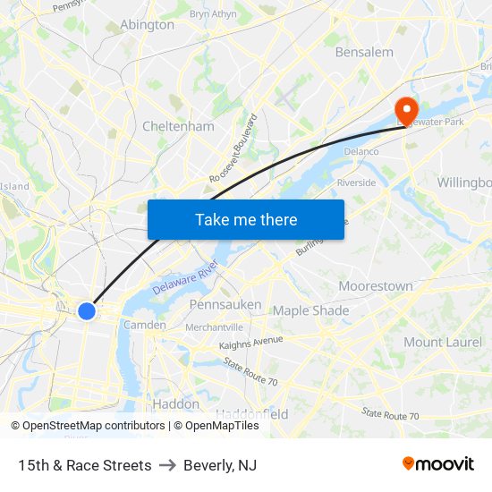 15th & Race Streets to Beverly, NJ map