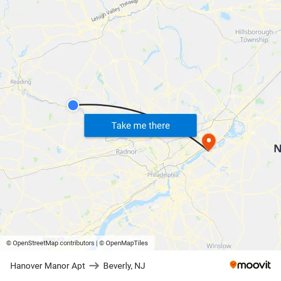 Hanover Manor Apt to Beverly, NJ map