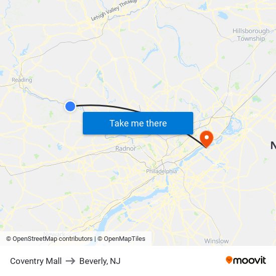 Coventry Mall to Beverly, NJ map