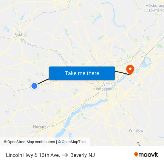 Lincoln Hwy & 13th Ave. to Beverly, NJ map