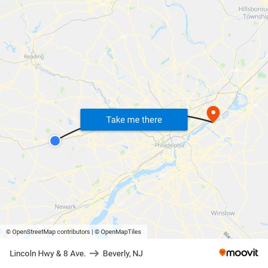 Lincoln Hwy & 8 Ave. to Beverly, NJ map