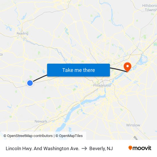Lincoln Hwy. And Washington Ave. to Beverly, NJ map
