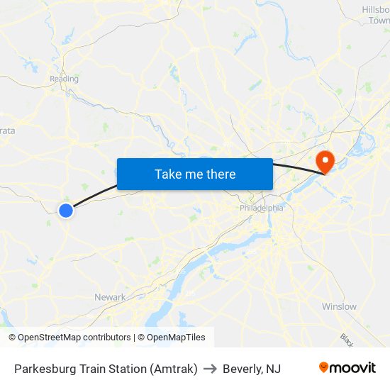 Parkesburg Train Station (Amtrak) to Beverly, NJ map
