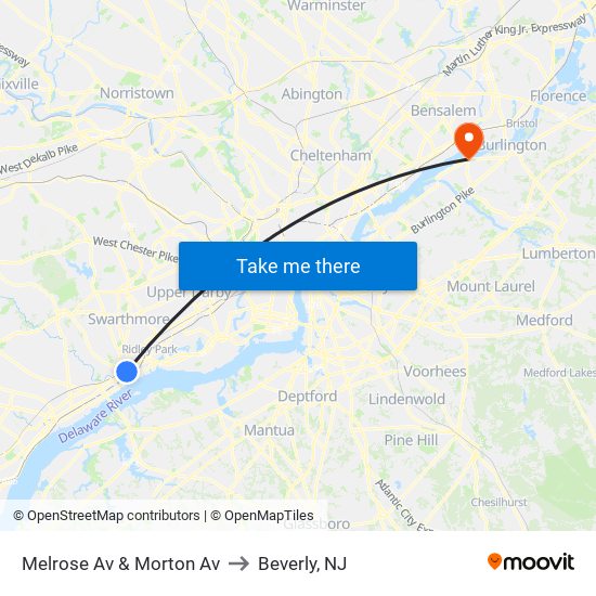 Melrose Av & Morton Av to Beverly, NJ map