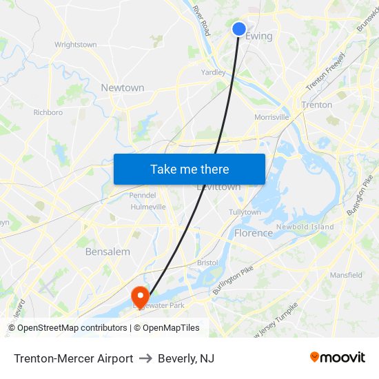 Trenton-Mercer Airport to Beverly, NJ map
