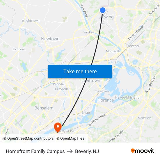 Homefront Family Campus to Beverly, NJ map