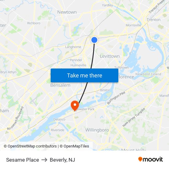 Sesame Place to Beverly, NJ map