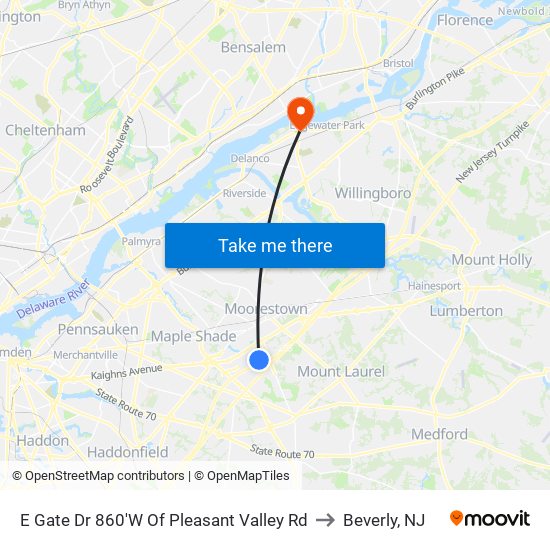 E Gate Dr 860'W Of Pleasant Valley Rd to Beverly, NJ map