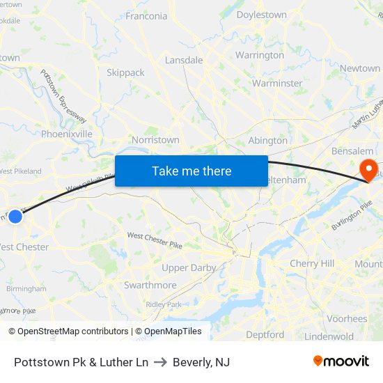 Pottstown Pk & Luther Ln to Beverly, NJ map
