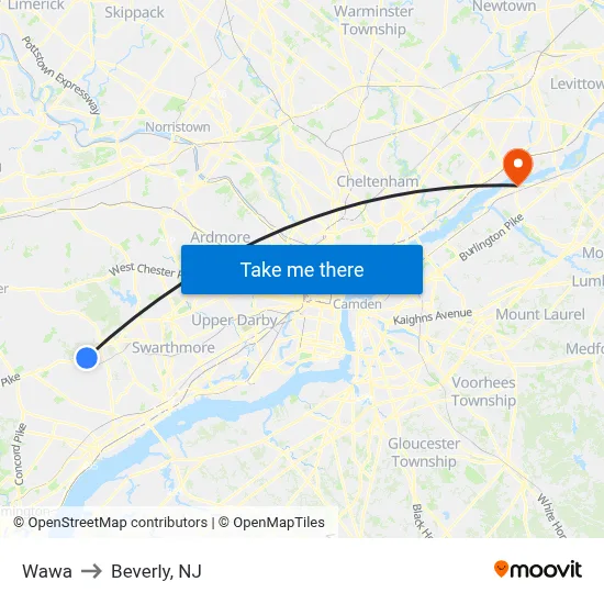 Wawa to Beverly, NJ map