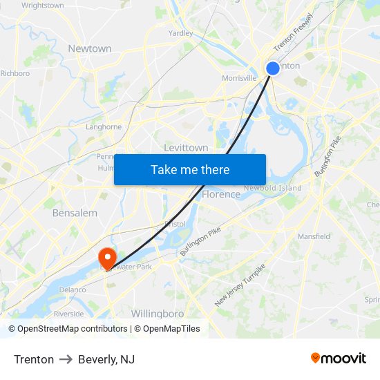 Trenton to Beverly, NJ map