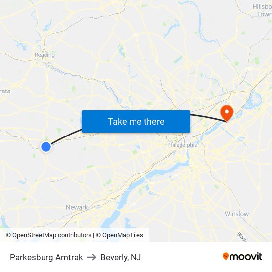 Parkesburg Amtrak to Beverly, NJ map
