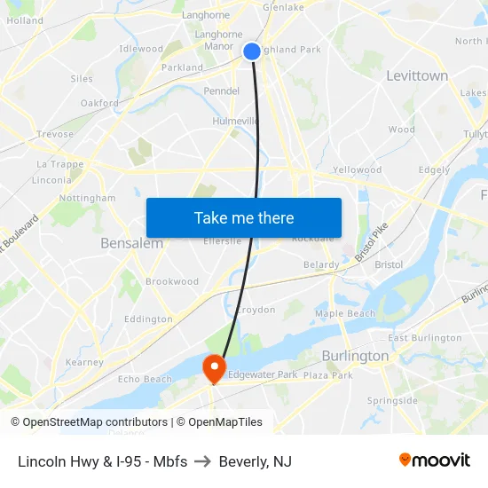 Lincoln Hwy & I-95 - Mbfs to Beverly, NJ map