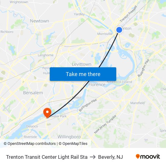 Trenton Transit Center Light Rail Sta to Beverly, NJ map