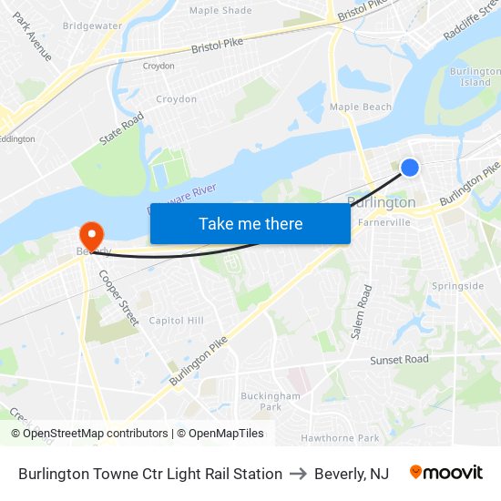 Burlington Towne Ctr Light Rail Station to Beverly, NJ map