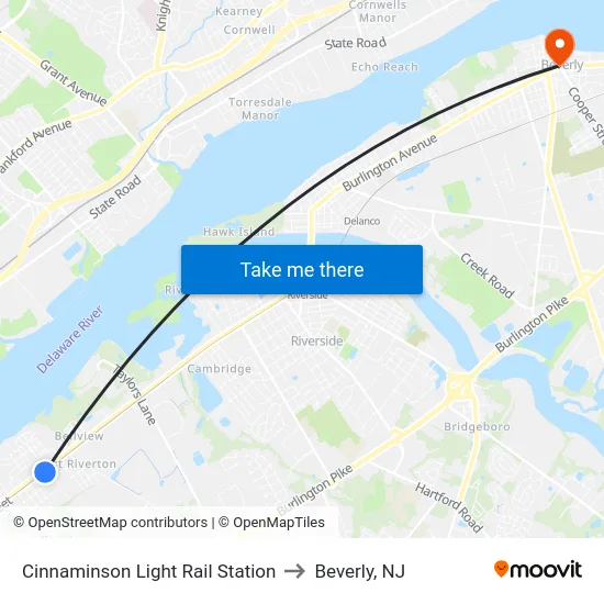 Cinnaminson Light Rail Station to Beverly, NJ map