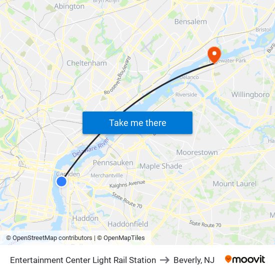 Entertainment Center Light Rail Station to Beverly, NJ map