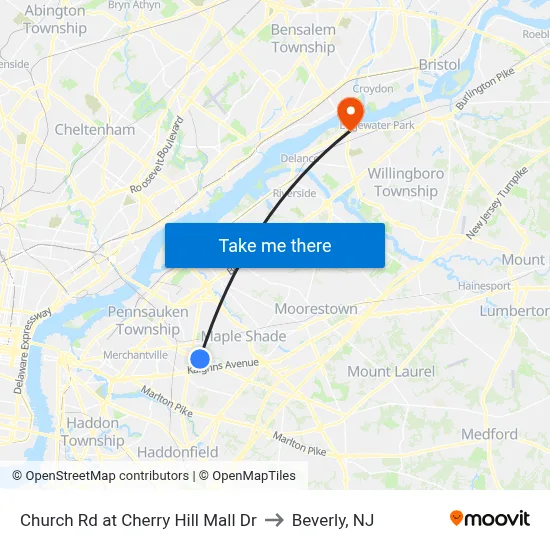 Church Rd at Cherry Hill Mall Dr to Beverly, NJ map