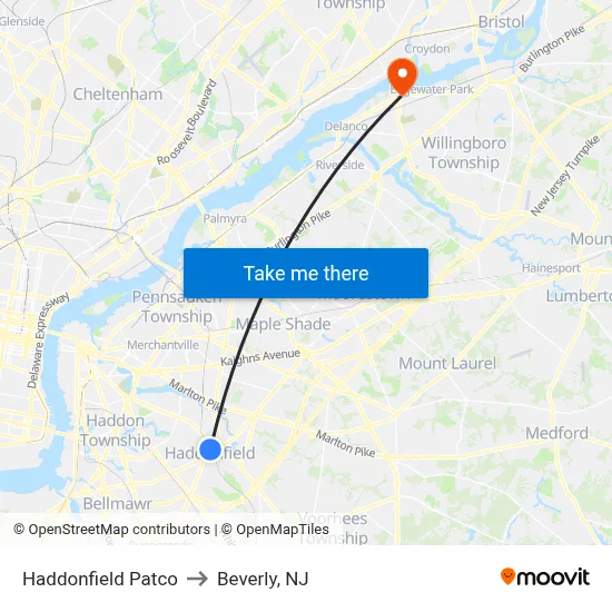 Haddonfield Patco to Beverly, NJ map