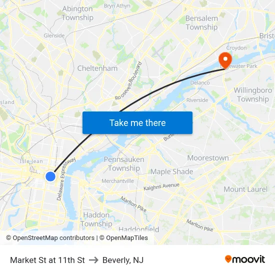 Market St at 11th St to Beverly, NJ map