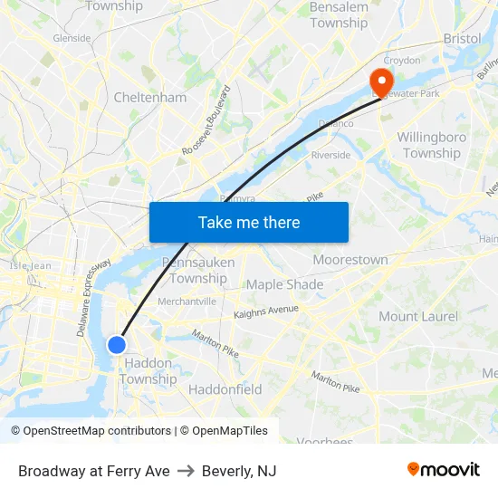 Broadway at Ferry Ave to Beverly, NJ map