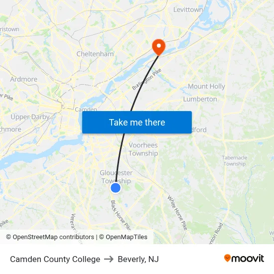 Camden County College to Beverly, NJ map