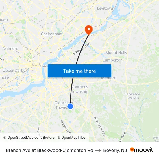 Branch Ave at Blackwood-Clementon Rd to Beverly, NJ map
