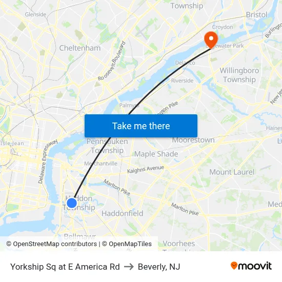 Yorkship Sq at E America Rd to Beverly, NJ map
