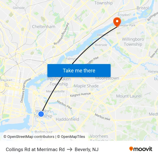 Collings Rd at Merrimac Rd to Beverly, NJ map