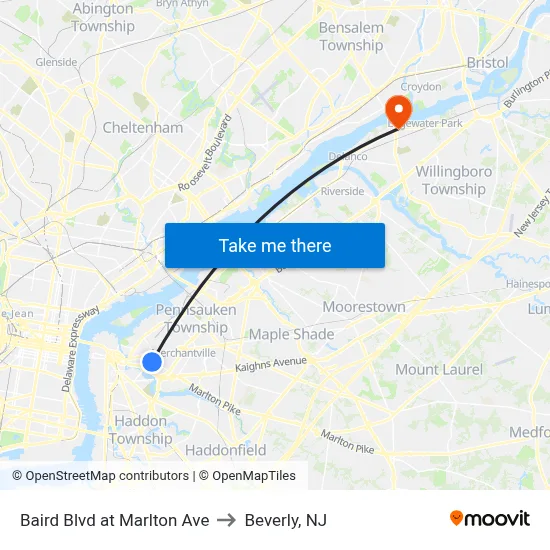 Baird Blvd at Marlton Ave to Beverly, NJ map
