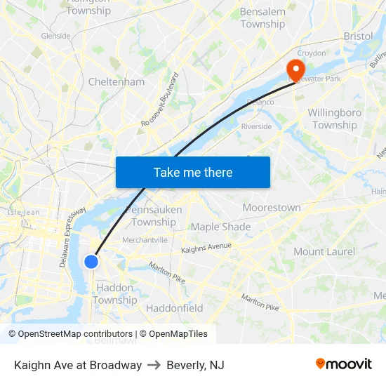 Kaighn Ave at Broadway to Beverly, NJ map