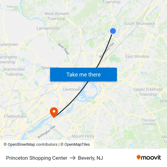 Princeton Shopping Center to Beverly, NJ map