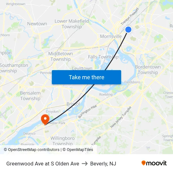 Greenwood Ave at S Olden Ave to Beverly, NJ map