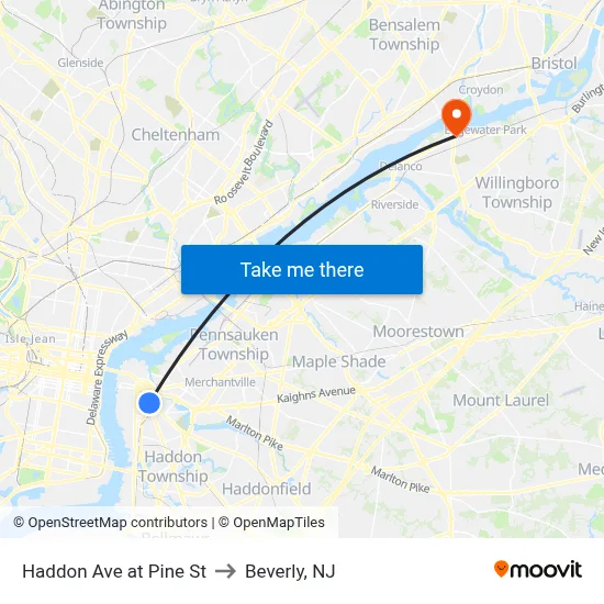 Haddon Ave at Pine St to Beverly, NJ map