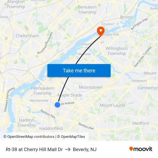 Rt-38 at Cherry Hill Mall Dr to Beverly, NJ map