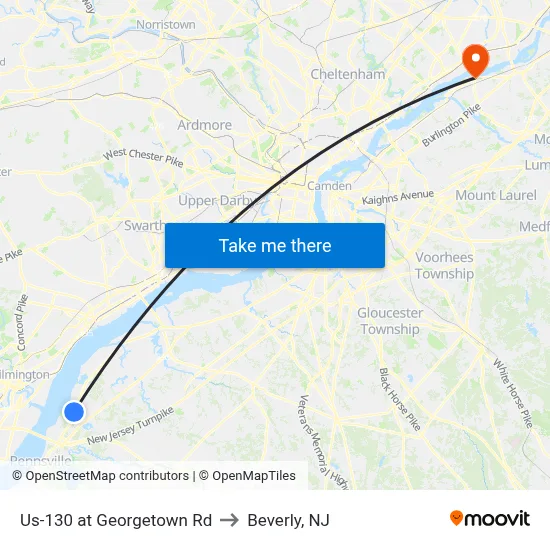 Us-130 at Georgetown Rd to Beverly, NJ map